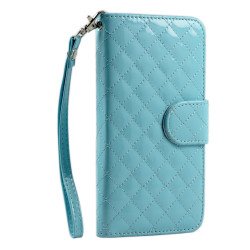 Samsung Galaxy Note 4 Glossy Quilted Flip Leather Wallet Case w Stand and Strap (Blue)